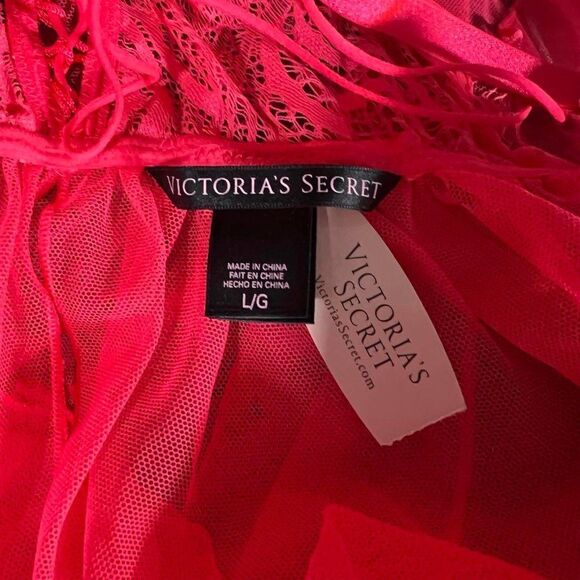 Victoria's Secret 2-Pc Neon Pink Sheer/Lace/Lace Up Babydoll Size Lg NWT - Picture 7 of 13